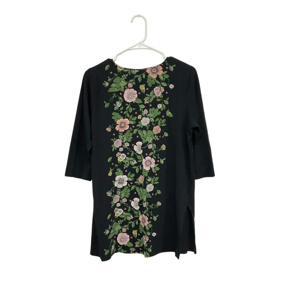 J. Jill Black Floral Panel 3/4 Sleeve Stretchy Tunic Knit Top Women’s Size Large - Picture 2 of 7